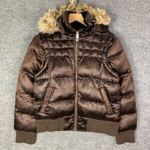 Ecko Red Womens Y2k Real Racoon Fur Hood Zip Puffer Jacket‎ Streetwear Size M